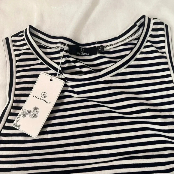 LILLUSORY Casual Sleeveless Beach Tank Dress Ruched Tie Waist Mini Dress - Picture 5 of 8